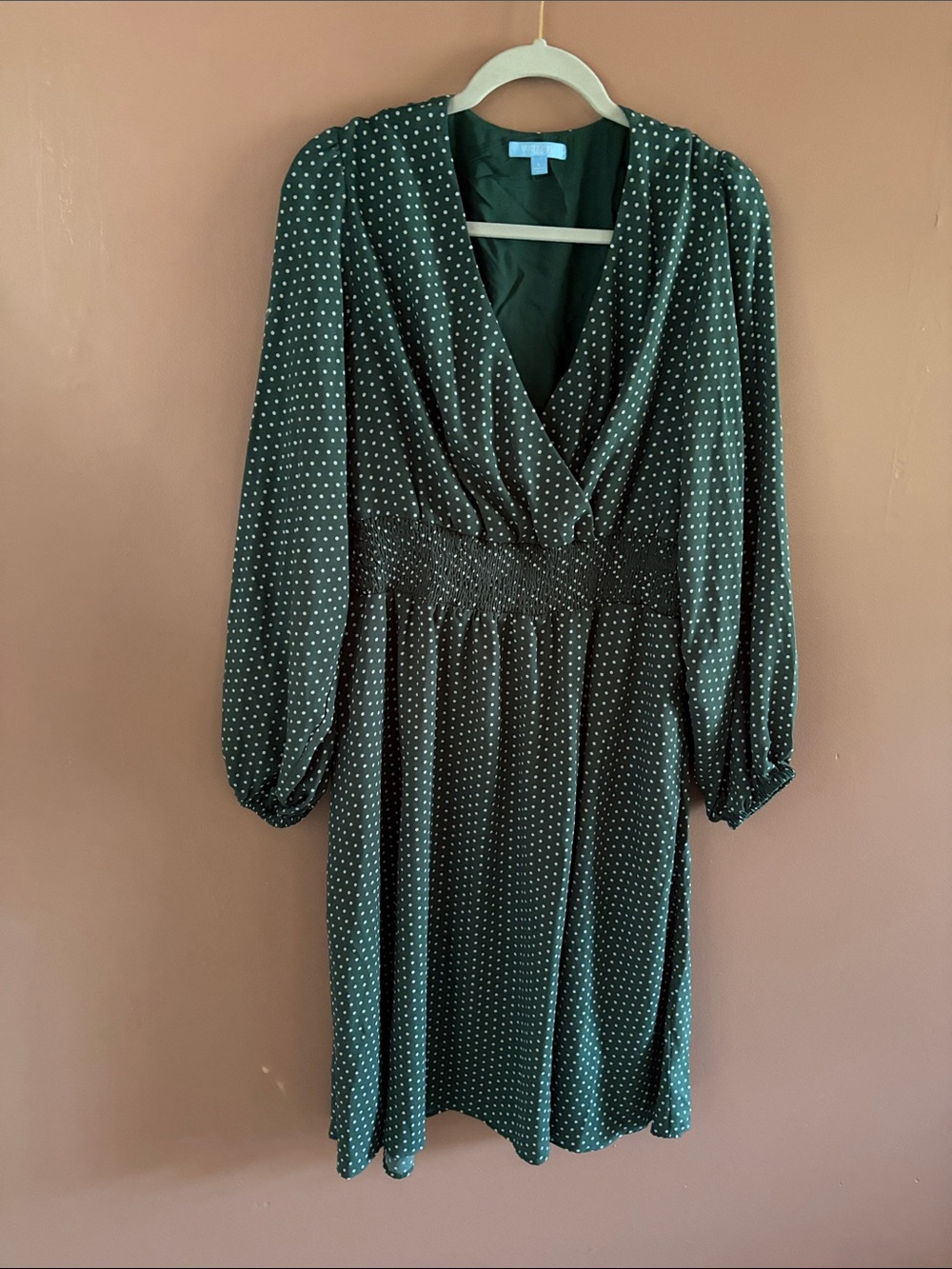 Draper James Emerald Green Polka Dot Long Sleeve V-Neck Midi Dress